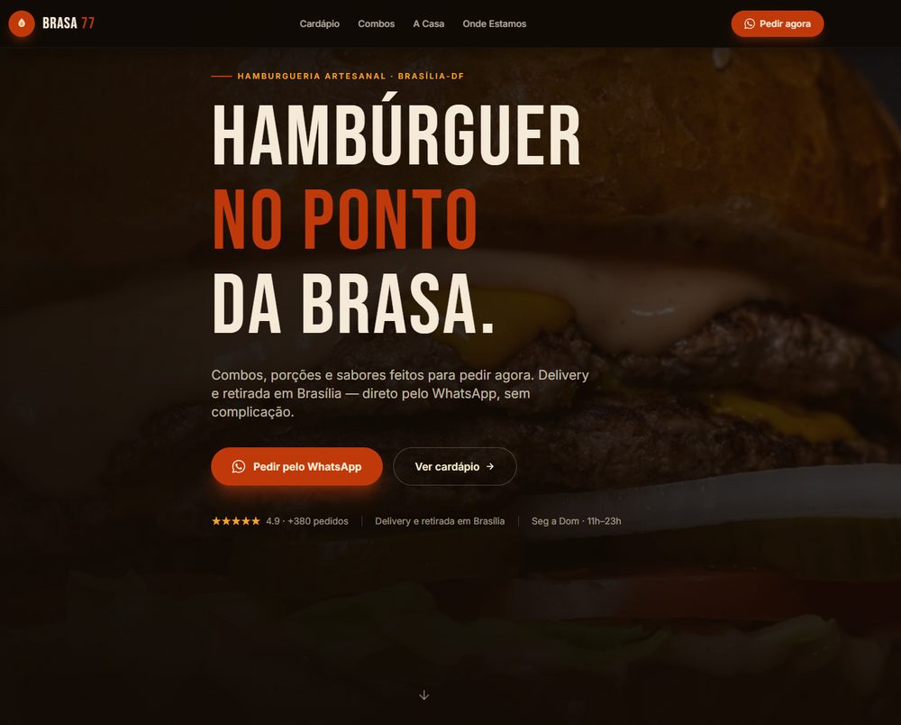 Capa do site de demonstração Brasa 77, uma hamburgueria fictícia