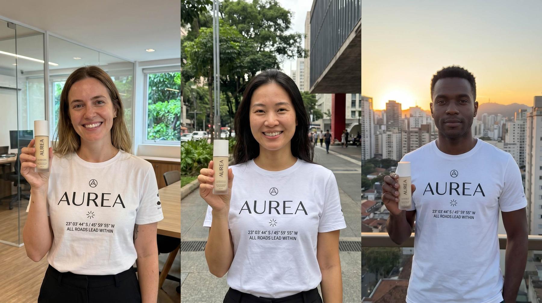 Três pessoas em contextos diferentes segurando o produto da marca conceitual Aurea, todas com a camiseta da marca