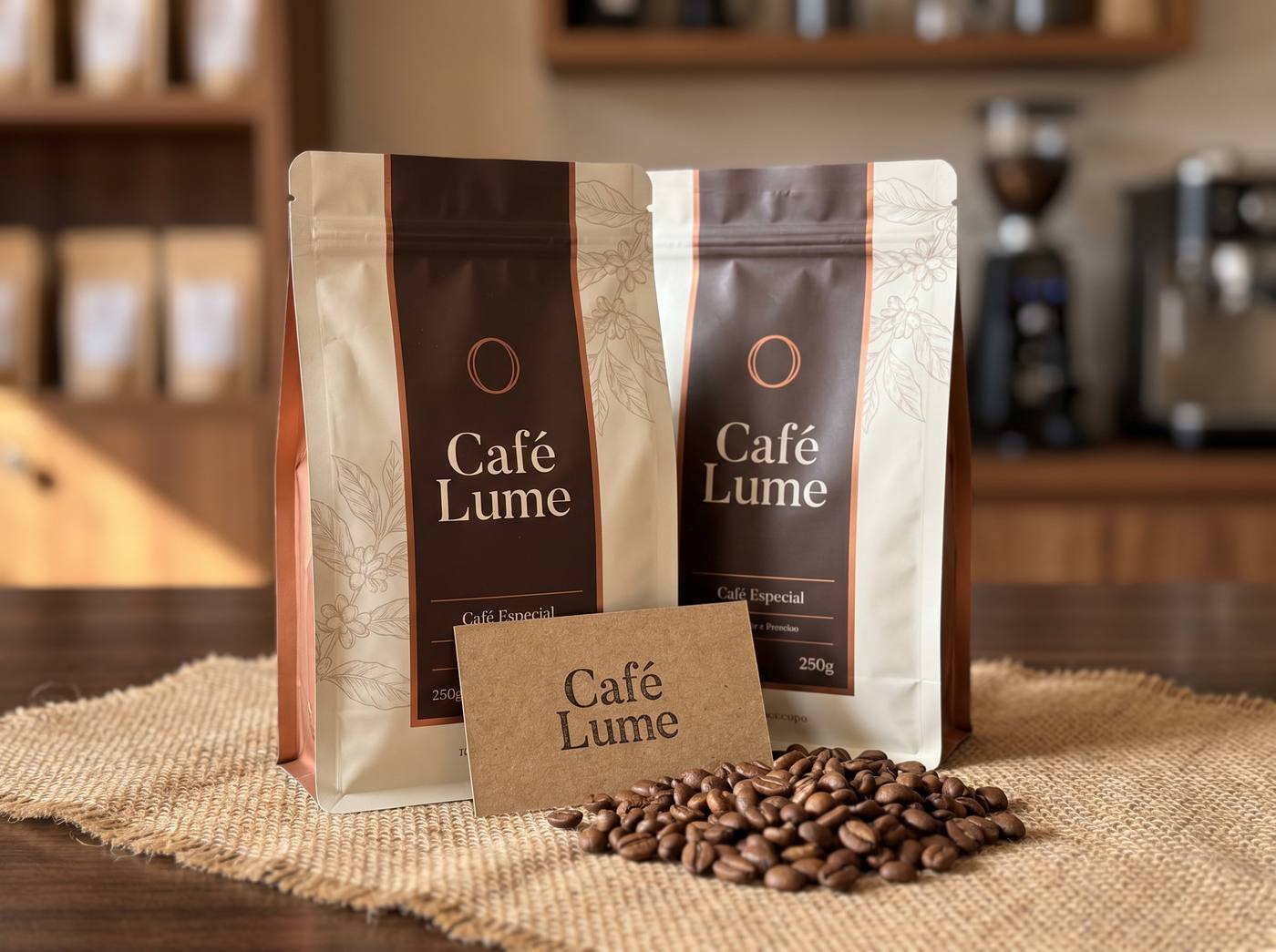 Duas embalagens de café e um cartão de visita da marca conceitual Café Lume sobre uma mesa