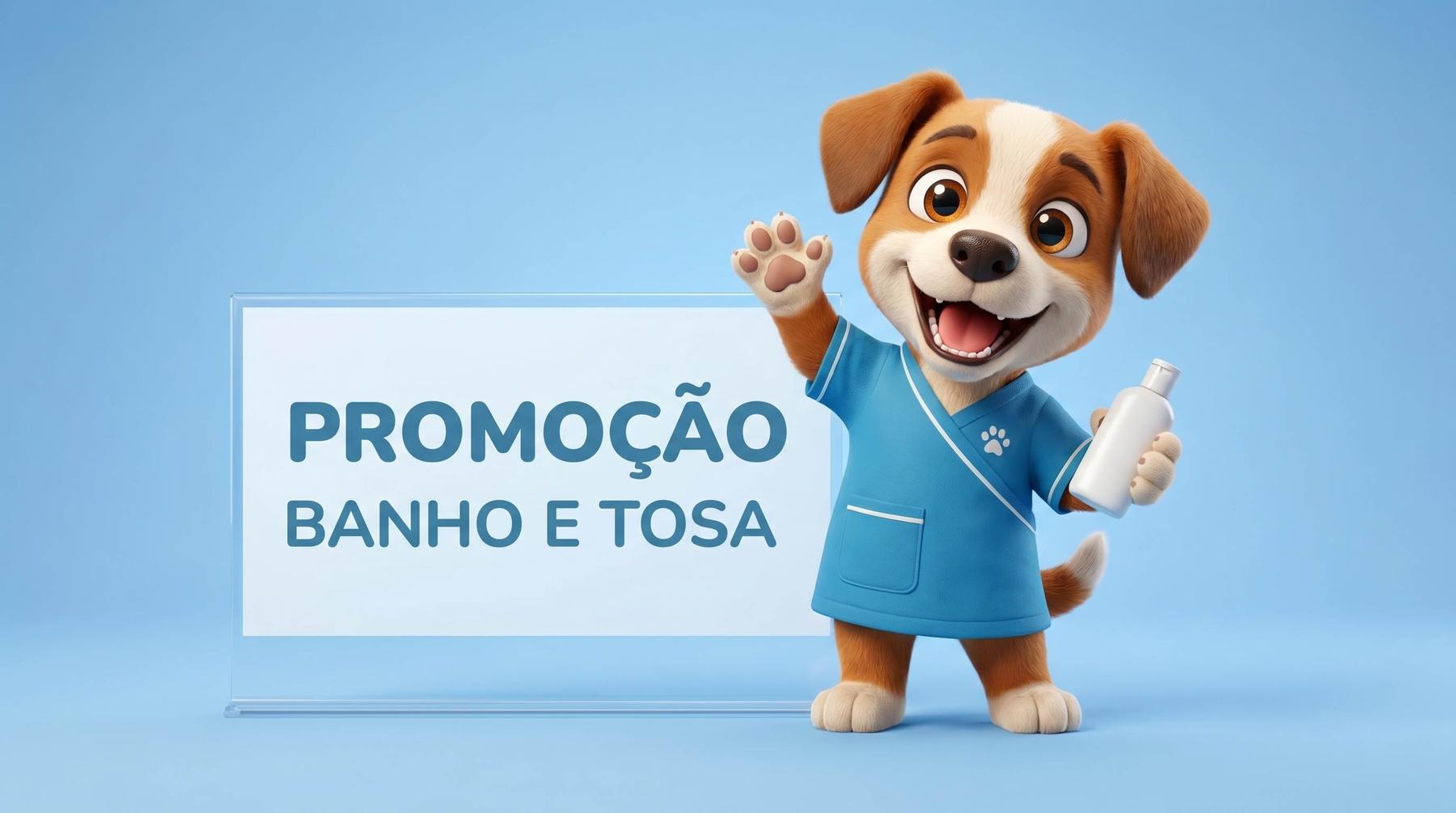 Mascote conceitual de petshop segurando um cartaz de promoção de banho e tosa