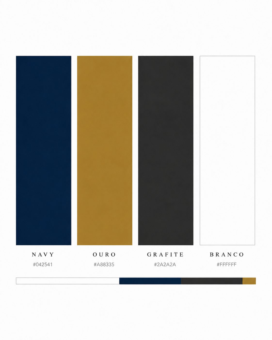 Paleta da marca conceitual com quatro cores e seus códigos hexadecimais: navy, ouro, grafite e branco