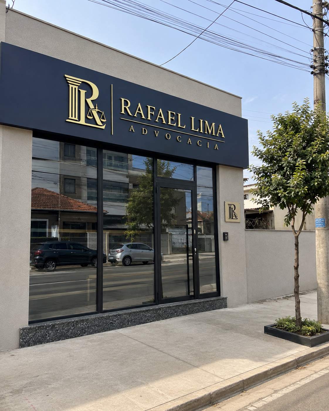 Fachada de escritório de advocacia com a placa da marca conceitual Rafael Lima Advocacia em letras douradas sobre painel azul-marinho