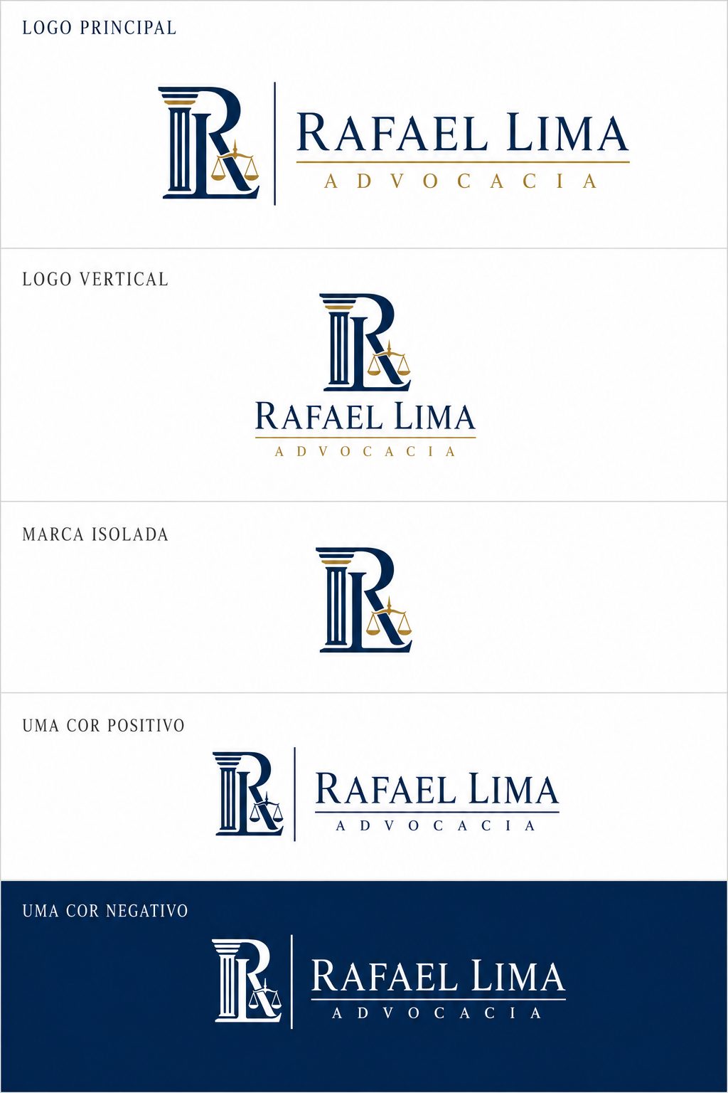 As cinco versões do logo conceitual Rafael Lima Advocacia: principal, vertical, símbolo isolado e uma cor em positivo e negativo